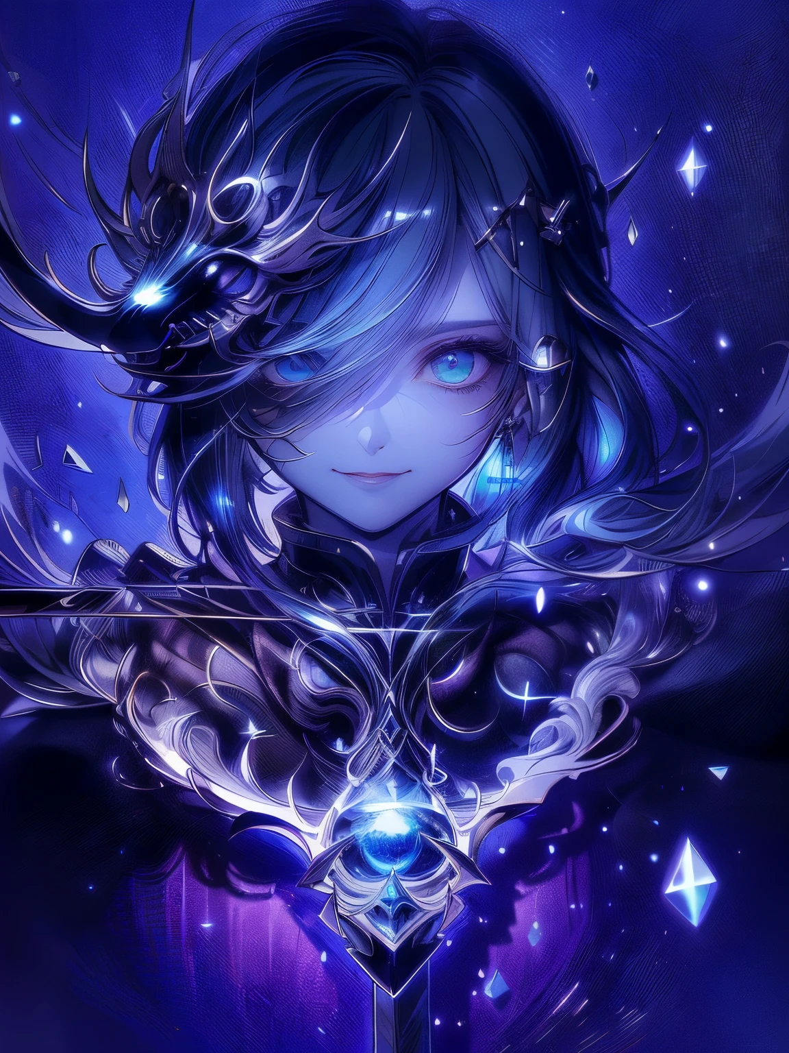 masterpiece: 1.7, highest quality、(Very detailed CG、Super detailed、best shadow:1.3)、solo、Painterly、Sketch、 Texture、ultra high resolution、highly detailed face、Highly detailed eyelat colors、limited pallete、high contrast、real、best lighting、Graceful、leprechaun、Beautiful woman、Black Knight、There's a blue rose in my left eye、skull mask on head、Wearing armor、green eye rack、Light blue hair、Short hair、Smile a little、white:1.5