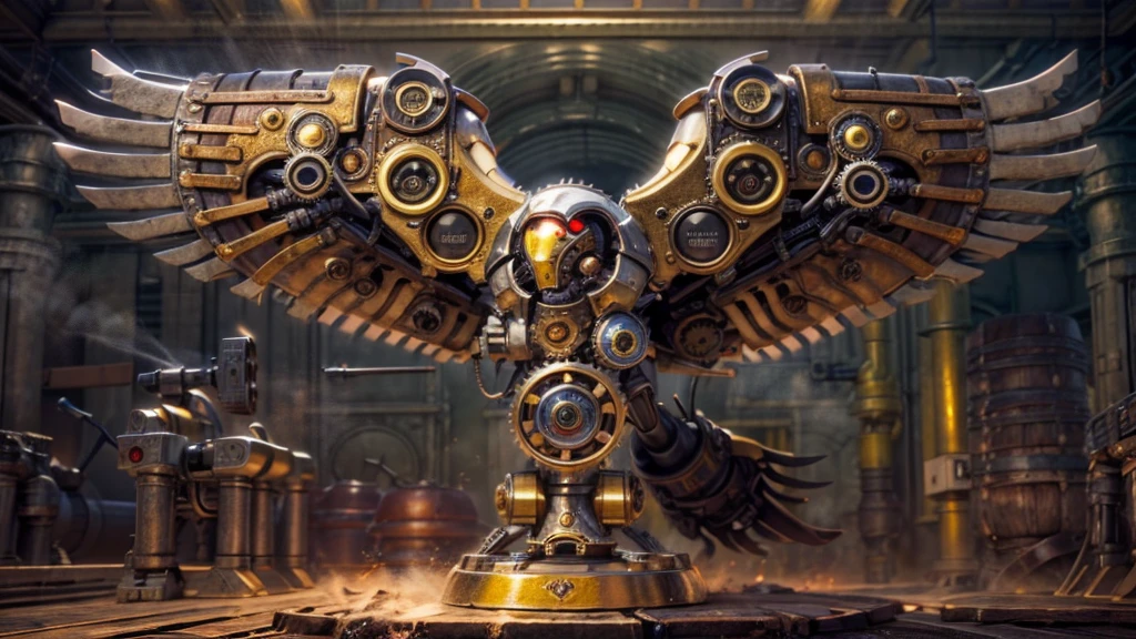 (best quality, Very detailed, realistic:1.37),full body, Close-up shot, steampunk mechanical eagle robot, steampunk eagle robot ,Bronze, pipes and pipes, gears and metal, increased water vapor, Metal wings and claws, metal head and peck, Metal wool,detailed Metal wools, Complex mechanisms, Intricate steampunk design, complex cogwheel system, Vintage and Futuristic Fusion, Bright and diverse textures, atmospheric lighting, Sizzling steam, เฉดBronzeที่มีเสน่ห์, An inspiring presence, Mesmerizing attention to detail, Dynamic and powerful poses, Mysterious Aura, Stimulates a sense of adventure, A masterful combination of science and imagination..