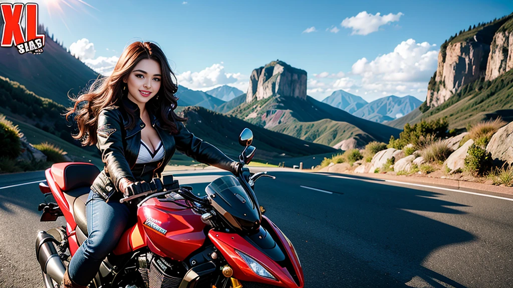 woman riding a motorcycle,masterpiece,light makeup、smile、beautiful,super fine details、authentic texture,Realistic movie lighting,perfect official career,8K,HD,exquisite features,big and bright eyes、thighs、view from the side