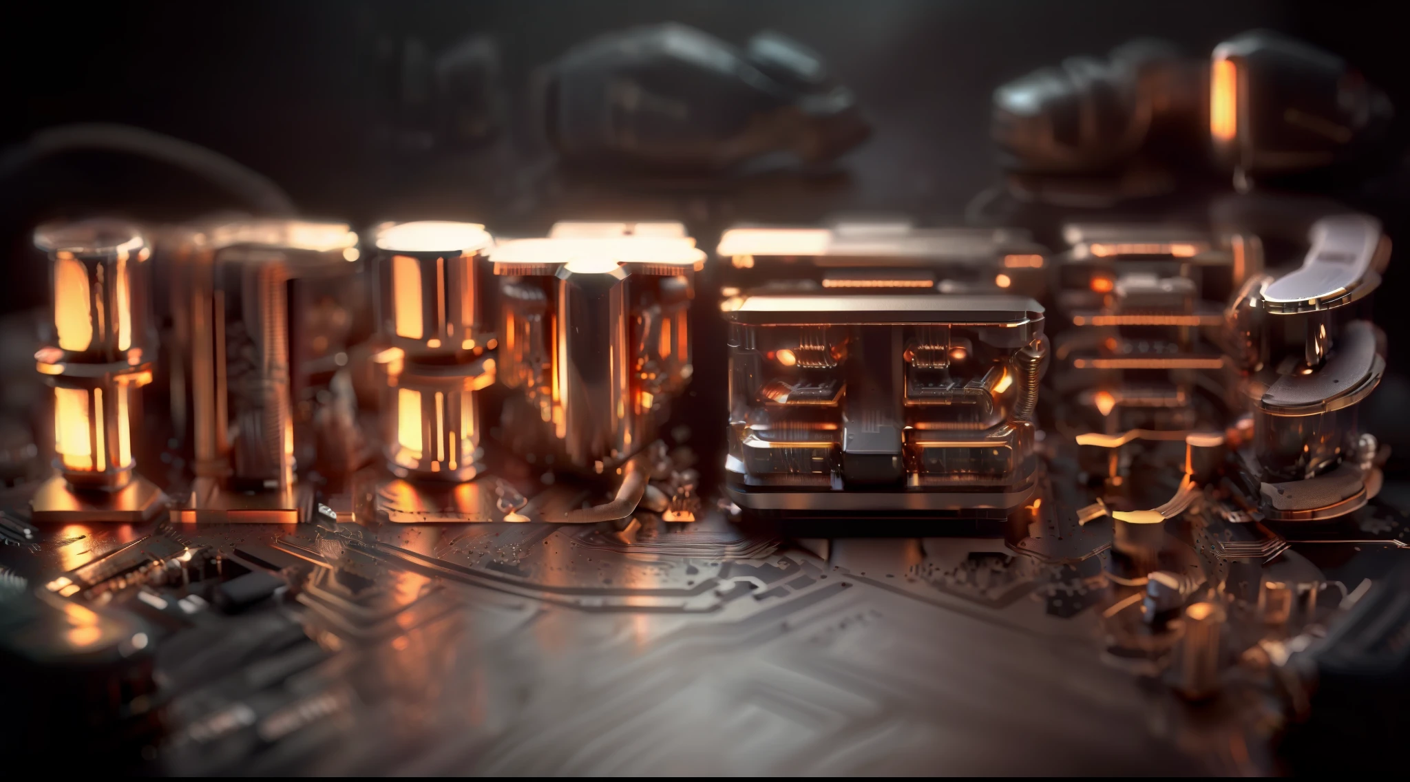 simple background，masterpiece，best quality，super detailed，microphone，vacuum tube，chip，light，button，Effects，data cable，carved pattern，chip组成的文字，Glow in the dark，Electronic，earphone