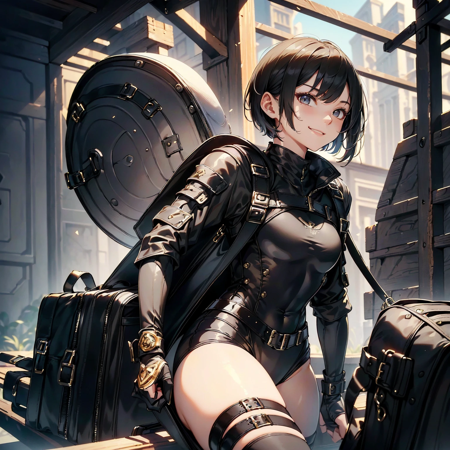 (masterpiece、highest quality、highest resolution、clear_image、detailed details): (whole body、18 year old female fighter,Slender、small face、black super bob short hair、Shiny black tight combat uniform,tight suit、Gentle smile、Backpack)