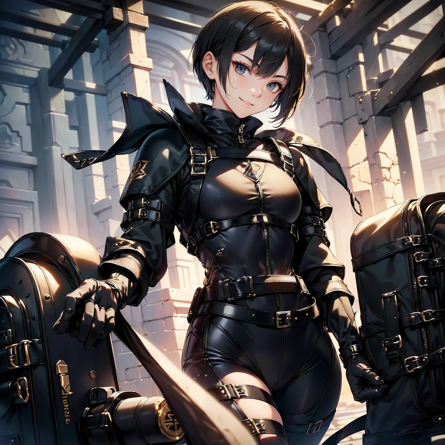 (masterpiece、highest quality、highest resolution、clear_image、detailed details): (whole body、18 year old female fighter,Slender、small face、black super bob short hair、Shiny black tight combat uniform,tight suit、Gentle smile、Backpack)