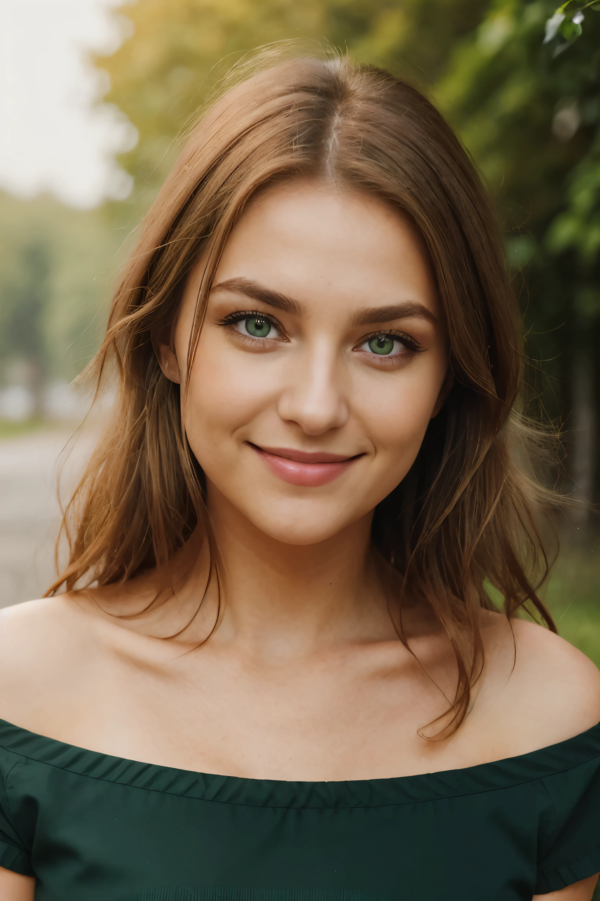 eine nahaufnahme, junge frau, braune mittellange haare, big green eyes, natural makeup, feine lippen, Smile, direkt in die kamera schauen, face happy with artgram, thin eyebrows, kleine nase