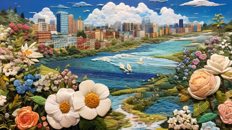The city above，Below is the blue wall background，There are two white flowers on it, Oil painting relief, Detailed Imbusto, Detailed Imbustow brush strokes, Oil painting relief, layered纸艺术, layered, Paper quilting, Papier-mâché art, white paper rose flower, flowers with intricate detail, Paper collage art, best quality，8K ultra-clear

