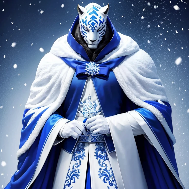 winter，Tall and handsome young man，Dressed in blue and white，Wearing a cloak with snow，No face shown，Holding a frosted long knife，Bust view，Kneel down on one knee，bow your head，A beast-shaped mask made of ice fits the face，The right hand supports the body with a long knife，Liger mask made of ice