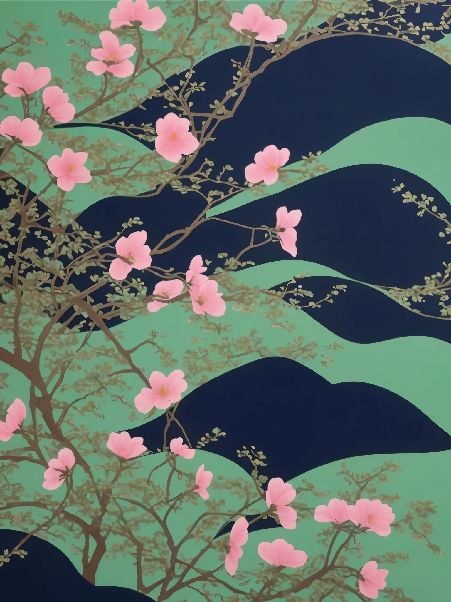 Chinese painting，Close-up of a painting of a tree with many pink flowers,There are many golden branches and vines extending out，Retro Style，Zen illustration，Covered with blue-green dye pattern, mythical floral hills, golden silhouette mountains，8K