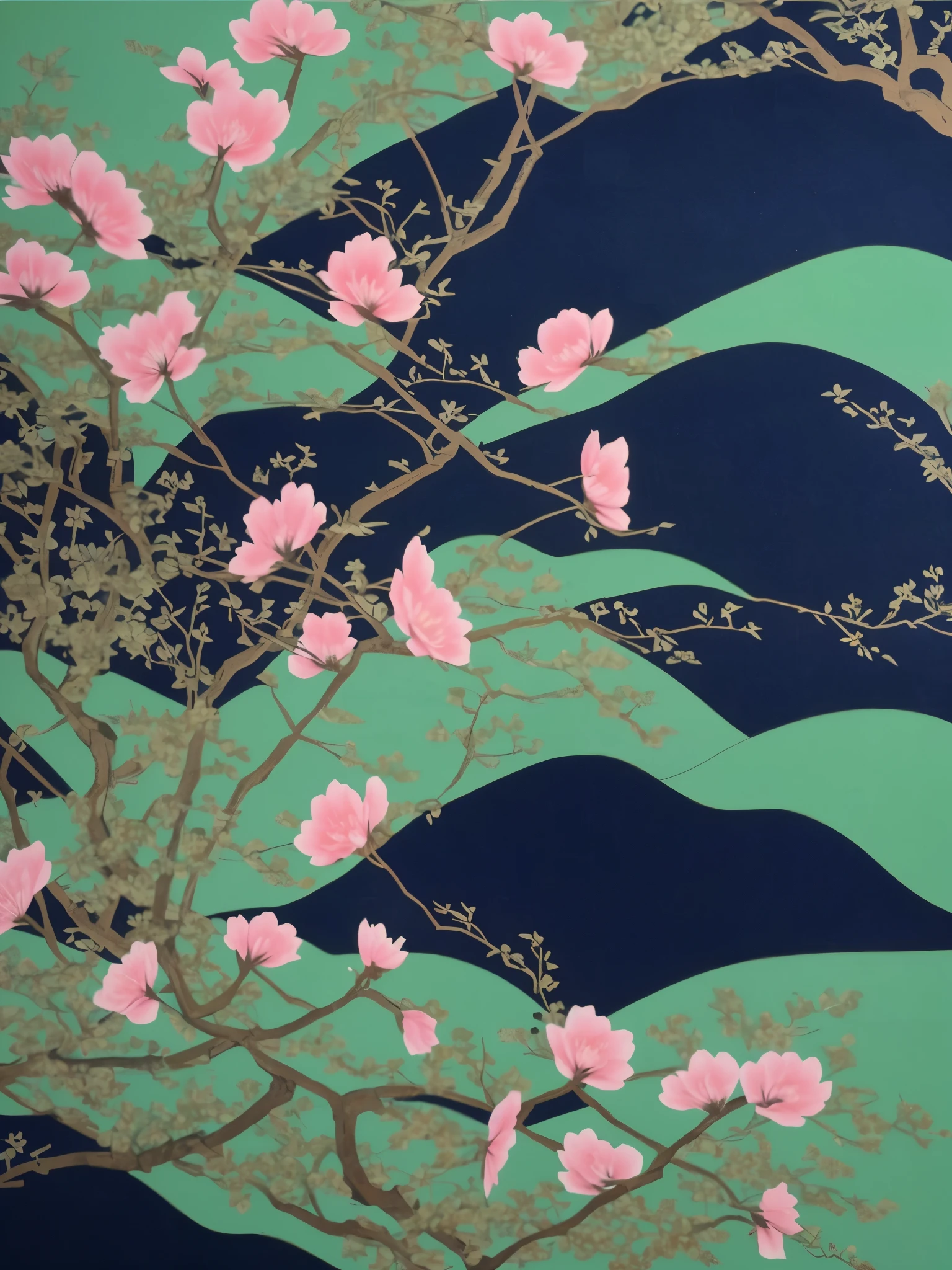 Chinese painting，Close-up of a painting of a tree with many pink flowers,There are many golden branches and vines extending out，Retro Style，Zen illustration，Covered with blue-green dye pattern, mythical floral hills, golden silhouette mountains，8K