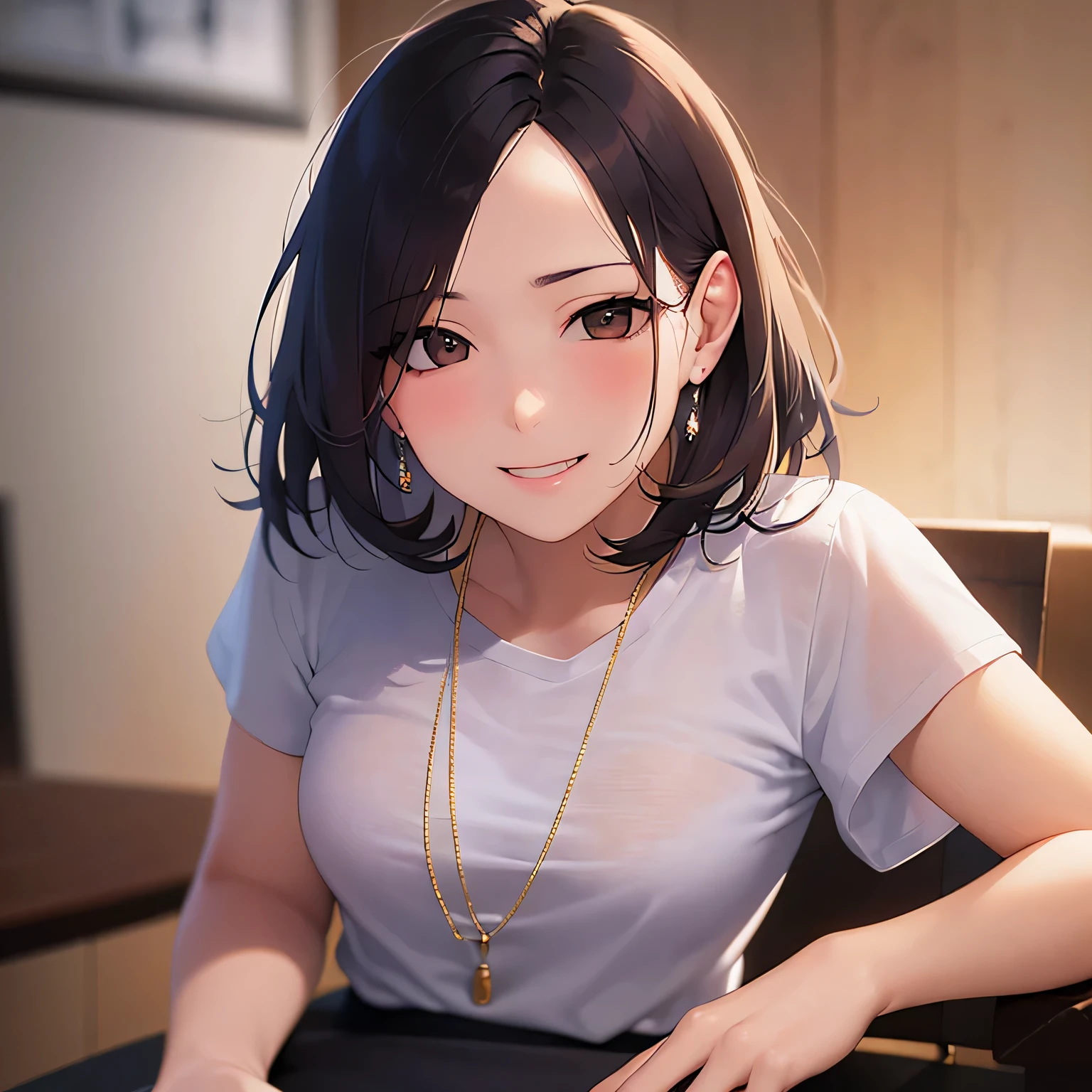 (evil smile:1.3), forehead	, Realistic, real person, RAW photo, photorealistic, portrait photography, shiny skin, japanese idol, 25 year old woman、(bob cut hair) and (blonde hair) and (brown eyes), (wearing a white shirt:1.5)、The background is a conference room、Alone、sitting、