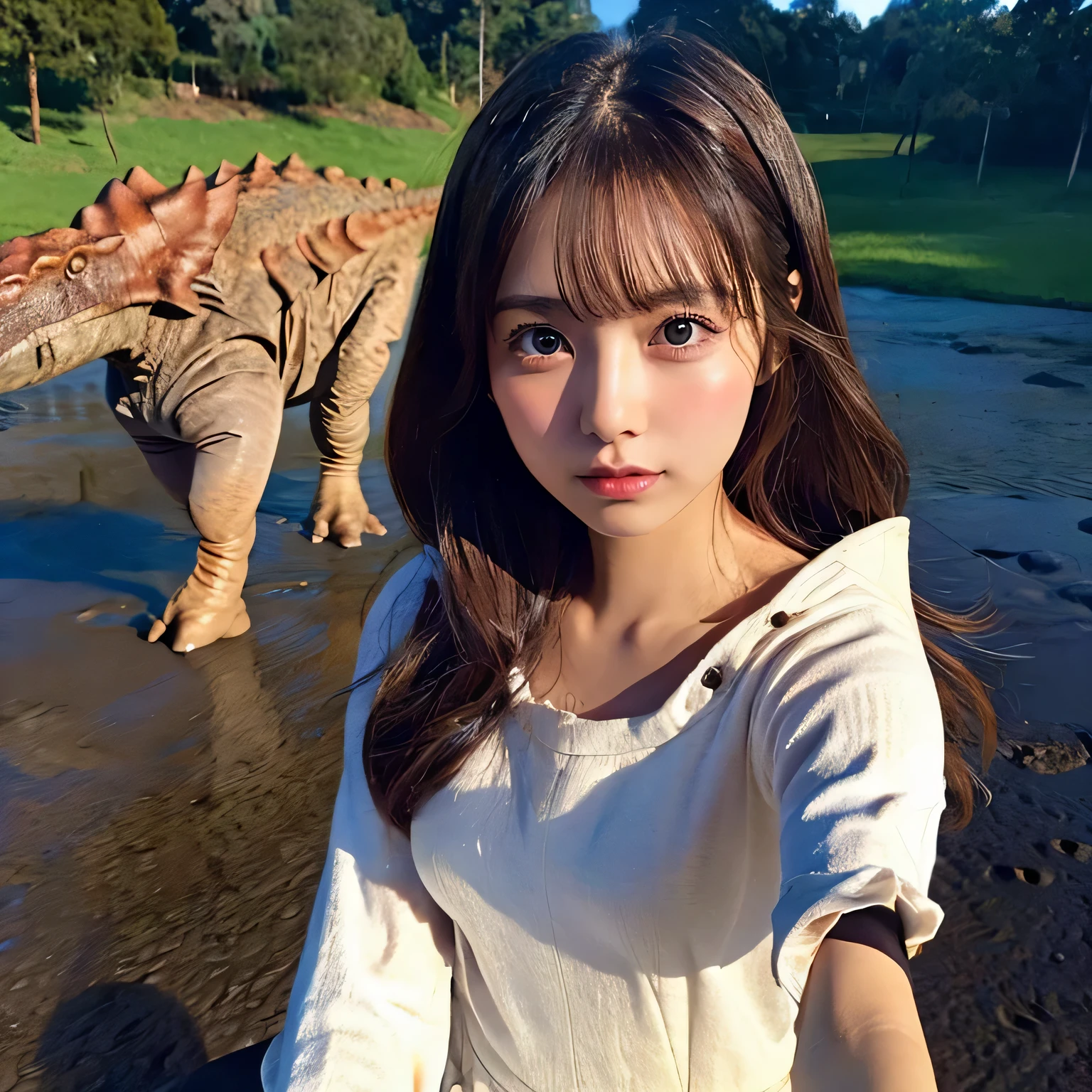 (Girl taking selfie on the moon:1.5) ,(landing on the moon:1.5),( Dinosaurs in the distance:1.5),original photography,(ultimate beauty portrait、dry skin 、top quality、Super detailed、movie light、intricate details、high resolution、Very detailed、1 girl、space suit,huge breasts,cold expression、brown hair、Big eyes sparkling like gems、Harajuku、24 year old beautiful girl),space suit