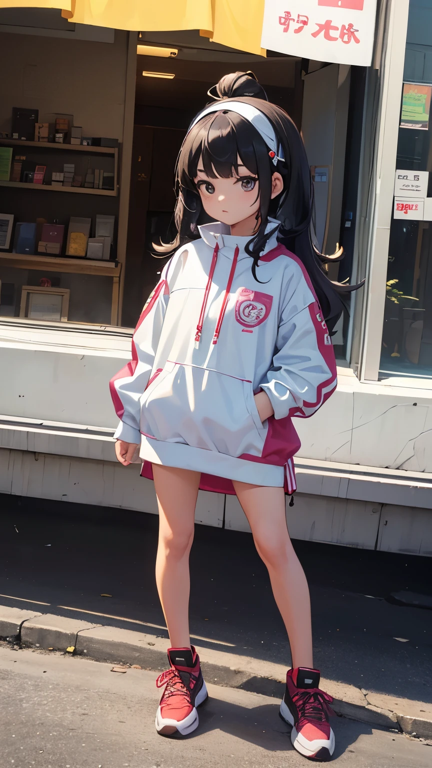 buatkan saya foto hyper realistis 3d, seorang anak kecil laki-laki indonesian face kulit putih gaya rambut Semi Long Quiff Hair warna hitam, full body, bergaya Pose supermodel, memakai baju putih berjaket Harrington dan bercelana Cargo panjang warna hitam bersepatu sneakers putih, latar belakang putih abu-abu, 32k