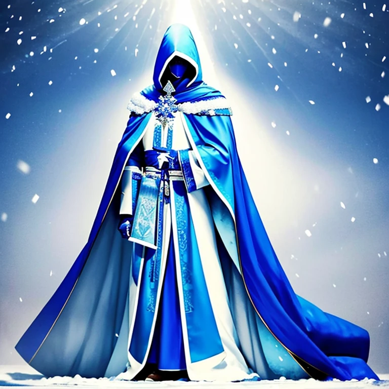 winter，Tall and handsome young man，Dressed in blue and white，Wearing a cloak with snow，No face shown，Holding a frosted long knife，Bust view，Kneel down on one knee，bow your head，A beast-shaped mask made of ice fits the face，The right hand supports the body with a long knife