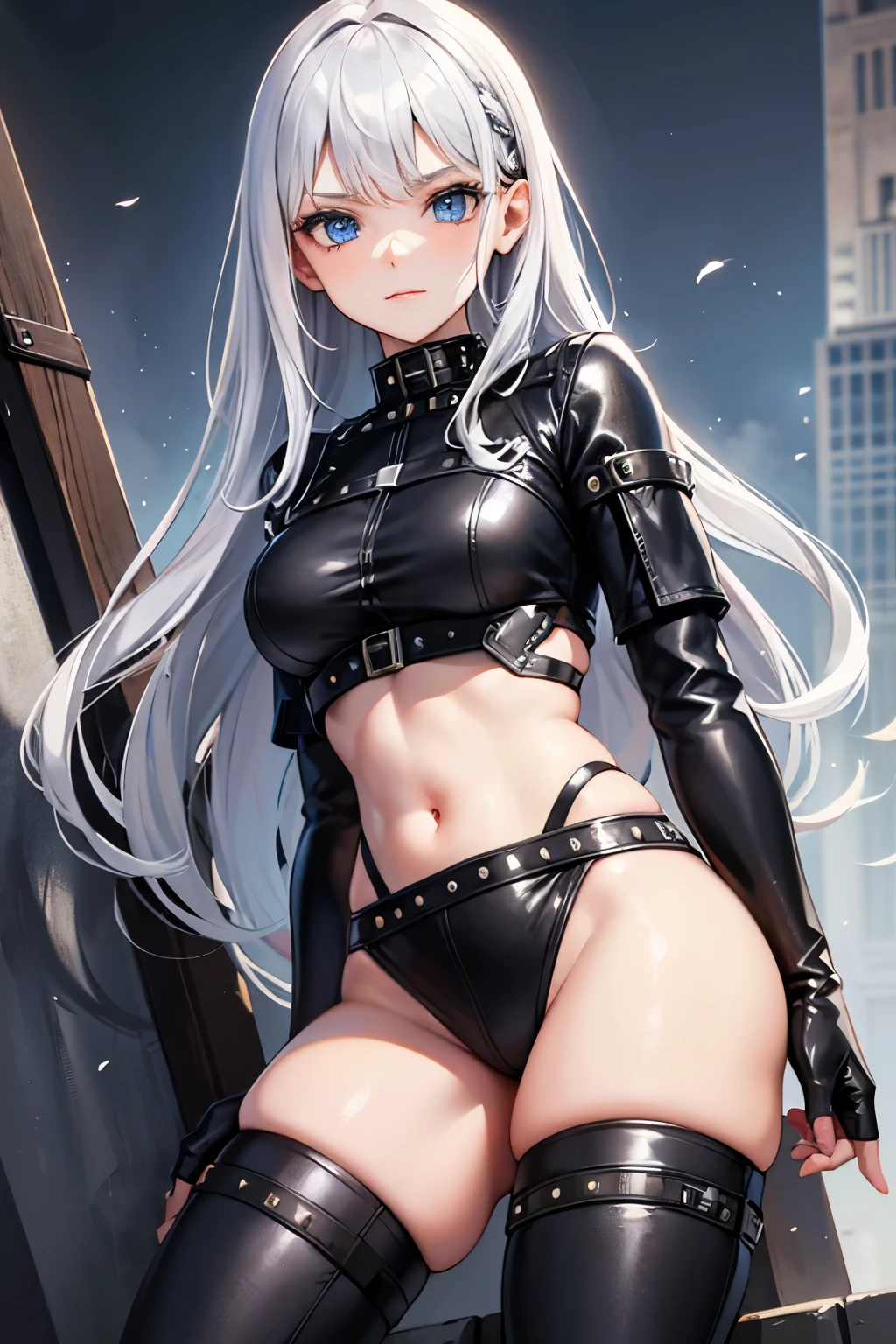 halfling soldier woman with silver hair and blue eyes in studded leather