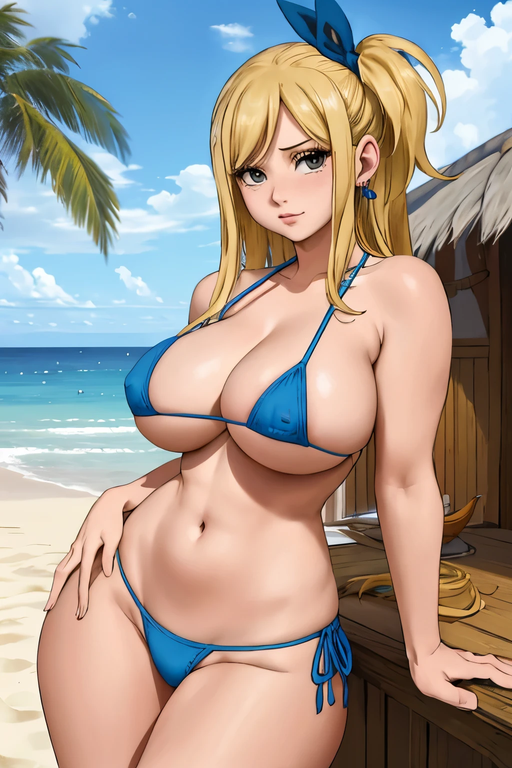 masterpiece, best quality, highres, lucy heartfilia, blonde hair, long hair, side ponytail, blue ribbon in hair, (((large breasts))), earrings, (((tight blue and white micro bikini))), standing, beach resort, cowboy shot, looking at viewer,