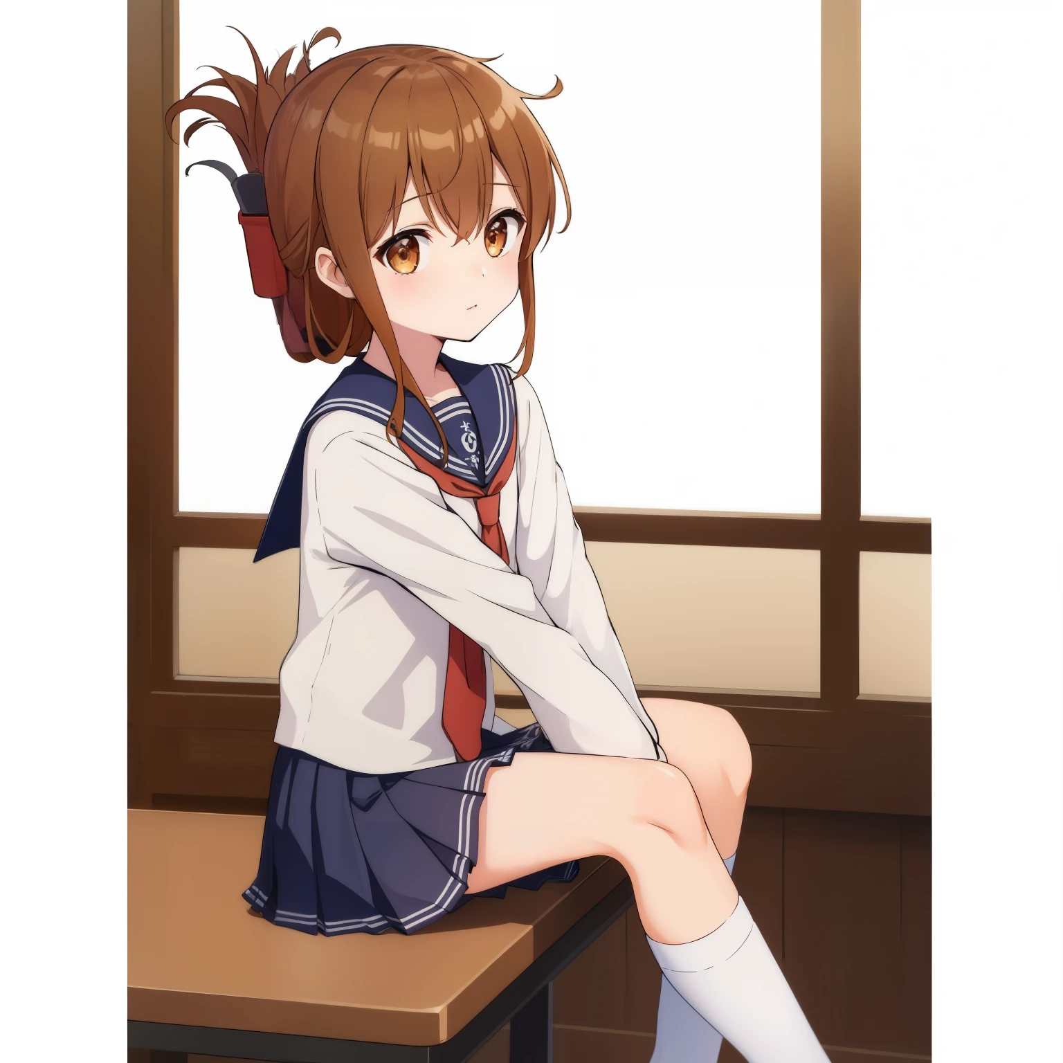 (masterpiece, highest quality:1.2),figure,8K,HD,1 girl,alone,Brown_hair,folded_ponytail,Brown_eye,serafuku,length_hair,School_uniform,skirt,pleats_skirt,セーラー服を着た体調の悪い女子高生がSchoolの体育館の床に座り、Observing a class while hugging one's knees.