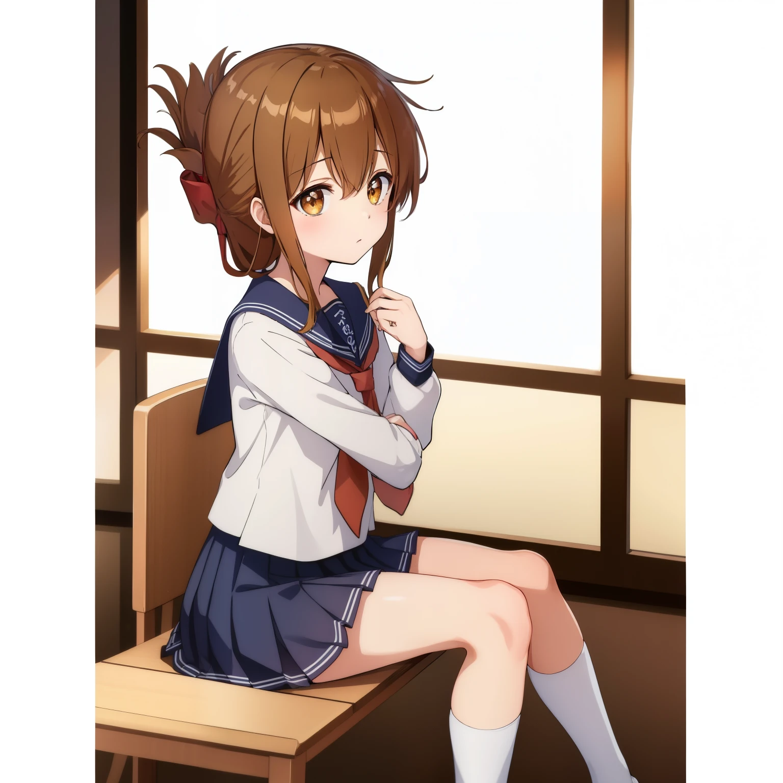 (masterpiece, highest quality:1.2),figure,8K,HD,1 girl,alone,Brown_hair,folded_ponytail,Brown_eye,serafuku,length_hair,School_uniform,skirt,pleats_skirt,セーラー服を着た体調の悪い女子高生がSchoolの体育館の床に座り、Observing a class while hugging one's knees.
