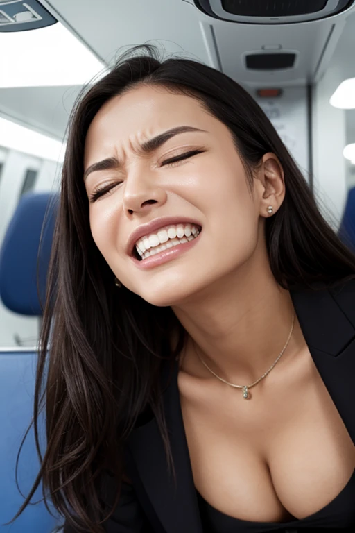 1girl,muste piece,,Award-winning photo, Extremely detailed, edge orgasm,face focus, (woman with open mouth and closed eyes ), 30 years old、black hair、shiny skin、Close-up of face,from below、realistic nostrils、elongated nasal passages,、train、(train車内)、congestion、Are standing、((business suit))、big breasts、(sharp nose)grimacing expression:1.4, concept,teeth,expression,facial expressions,grimacing,head up、Skin shiny with sweat