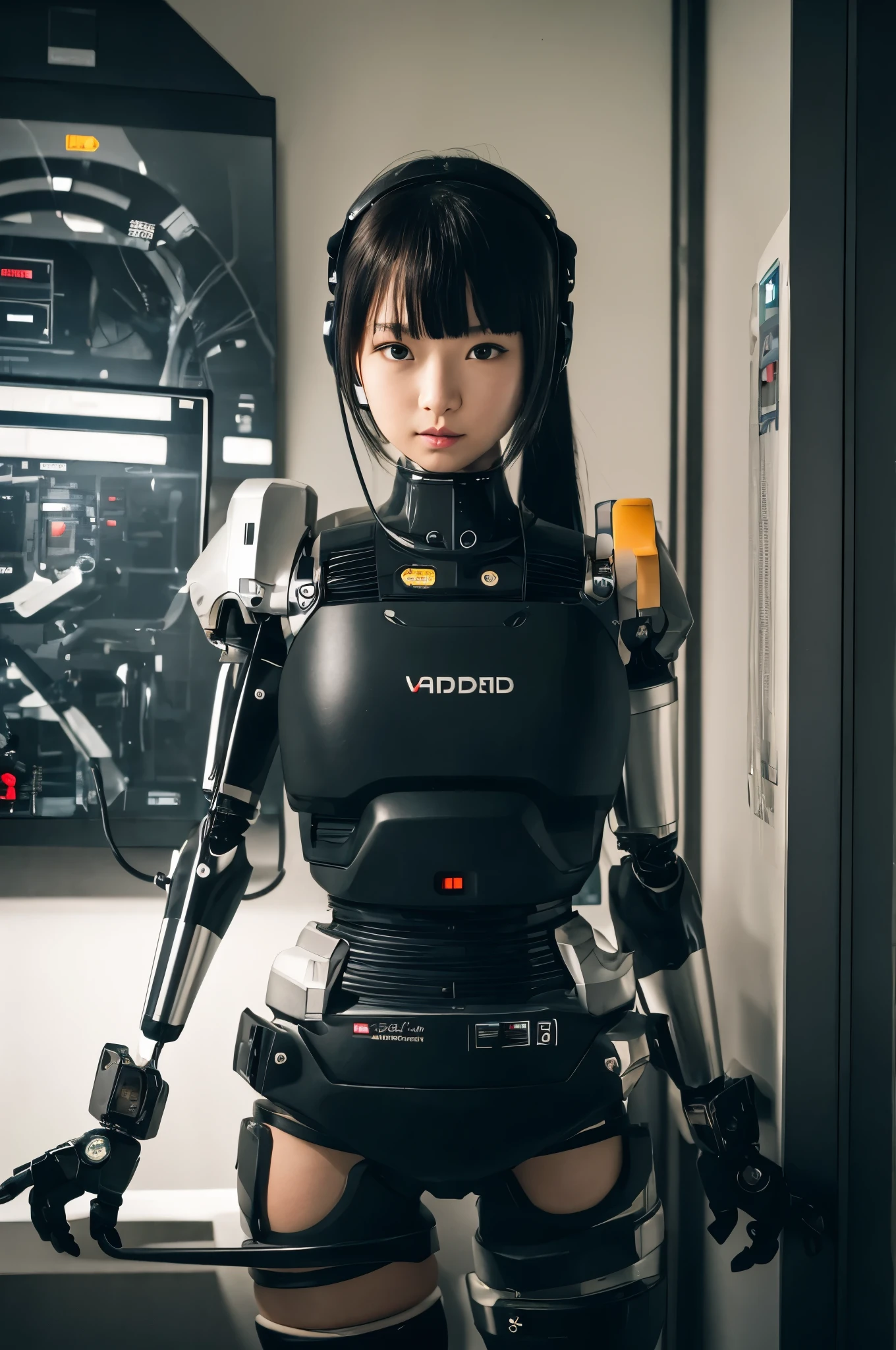 masterpiece, Highest quality, Very detailed, Japaese アンDroid girl,Portraiture,Plump,Thick,Control panel,アンDroid,Droid,Mechanical Hand, robotの腕と脚, Black Hair,Blunt bangs,perfect robot girl,Long tube,A thick cable was attached to her neck.,アンDroid,robot,humanoid,cyborg,japanese cyborg girl ,robot-assembly plant,She is now assembling,Assembly scene,Chubby,