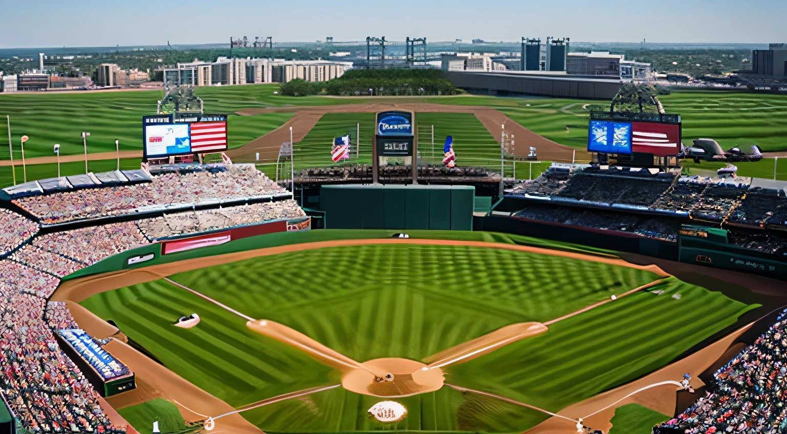 Panoramic view of an American baseball stadium taken from above