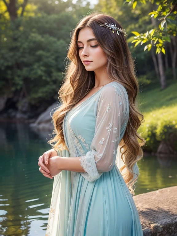 "(best quality, high-res, vivid colors, realistic:1.2), a woman with beautiful blue eyes and long flowing hair standing in front of a serene body of water, (sparkling, crystal-clear:1.1) water reflections, a gentle breeze rustling her hair, soft sunlight illuminating her face, (serene, peaceful, calm) atmosphere, (subtle, pastel) color palette, (dreamlike, ethereal) lighting, (detailed, intricate) hair strands, (delicate, flowing) dress, (harmonious, tranquil) composition, (fine art, oil painting) style"