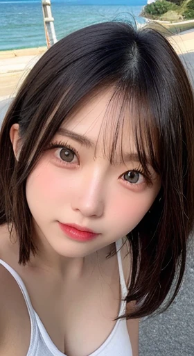 finely, High resolution, high quality、完璧なダイナミックな構figure, beautiful and fine eyes, medium hair, 、natural color lip,Kamimei、Shibuya Ward、20 year old girl、1 person、transparent skin、shining hair、Ocean, 最high quality, figure, super detailed, finely, High resolution, 8K、correct state of the human body、squat、hair flying in the wind、small breasts、camisole、Angle from above、upward glance、side、Embarrassed face