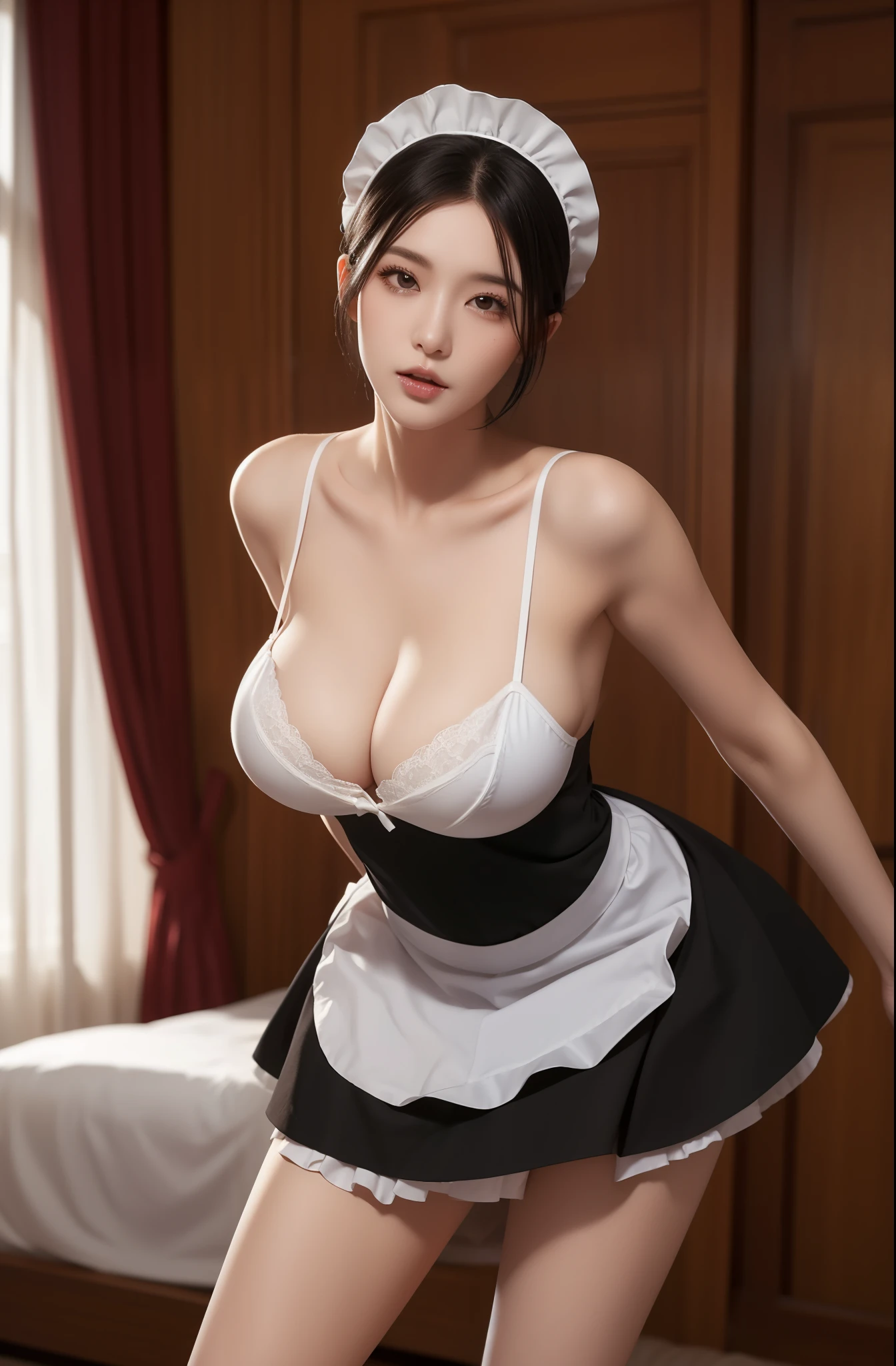 8k, masterpiece, illustration, extreme detail, 1 female, short black hair, head to legs, maid attire, skirt, back forward, maid room, exposed maid outfit, huge breasts, slender legs, , hot, sexy, 1 girl, ero404, eungirl, ((lean forward))