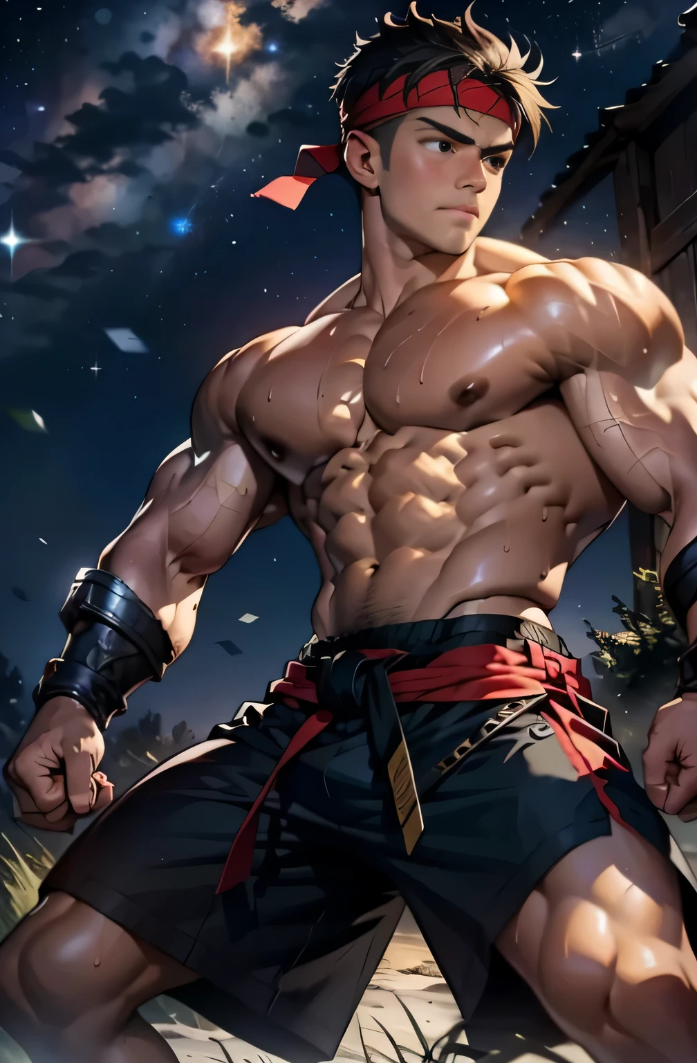 (masterpiece, highest quality, 18 year old boy, 8K, super detailed), (look away, Eye of the worm, thin lips), (1 boy, alone), young, (ager), (dark short straight hair, undercut, black eye), Topless, topless, (red headband, black shorts, black boot sandals, ((gauntlet))), (Depth of bounds written:1.2), (abs, chest, upper arm), (topless male), man with martial arts stance, motionless body, (starry night), Sweat, Epic Action Pose