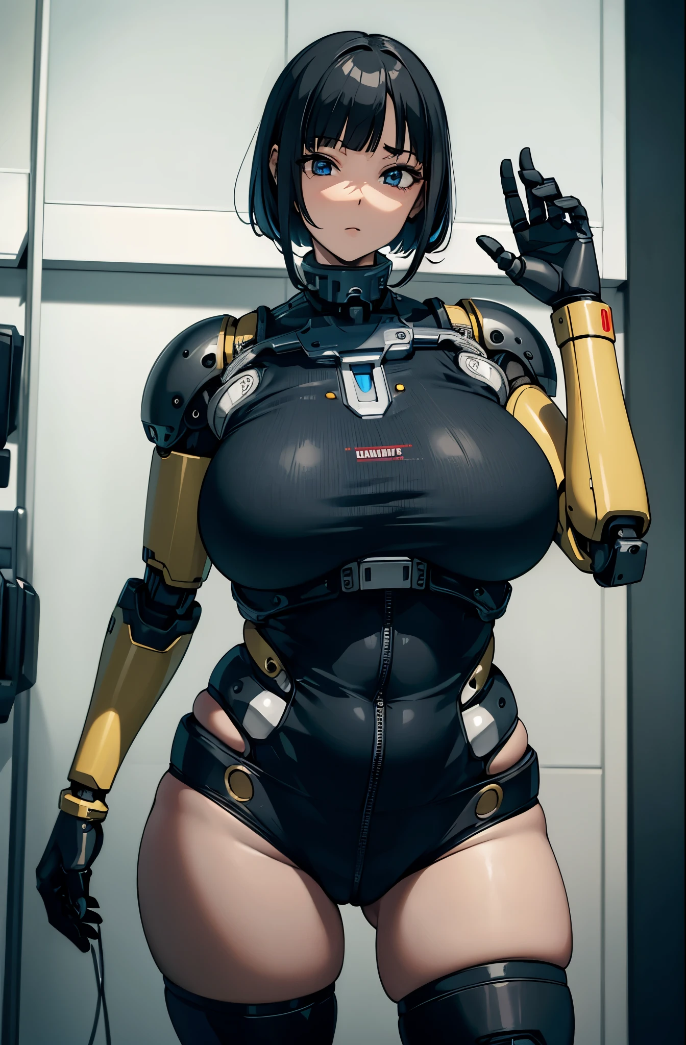 masterpiece, best quality, extremely detailed, Japaese Cyborg girl,Plump , control panels,android,Droid,Mechanical Hand, Robot arms and legs, Black hair,Blunt bangs,perfect robot girl,long tube,thick cable connected her neck,android,robot,humanoid,cyborg,japanese android woman ,future laboratory,connecting a cable between the legs,shortpants,darkblack knee high socks,