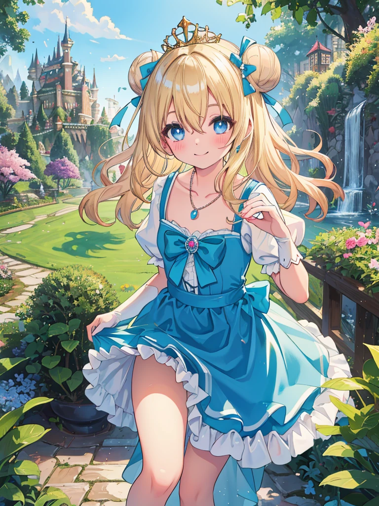 photo realistic, (masterpiece,best quality:1.4),(8k,raw photo,photo realistic:1.2), detailed skin, detailed face,1girl, Princess, cute face, , Not Safe for Work, (raw photo, photo realistic: 1.2),
((single hair bun)), blue eyes, (blonde hair), light smile, shiny wavy hair, curtsey, (ballgown), diadems, Princess doress, the bow, shortsleeves, the bow hair, a smile, red blush, Doress, Hair Between Eyes, White Panties Hose, ((Blue the Bow)), Puffy Sleeves, Bangss, (tiara), (necklace), (bridal gauntlets), foot out of frame, frilld, : q, masterpiece, top-quality, not safe for work, , 14-yo, braided bangs,
yumekawa,yumekawaii,pastel color,(wonderland garden:1.3),rainbow waterfall,dripping ink,imagination,(Castle:1.4),