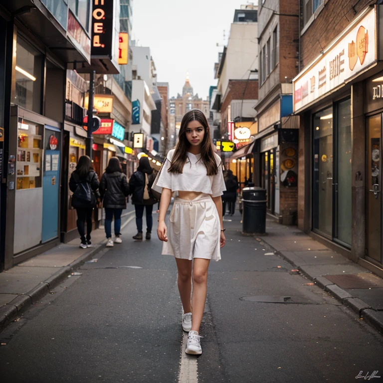 Draw a young girl, which walks along the streets of the metropolis