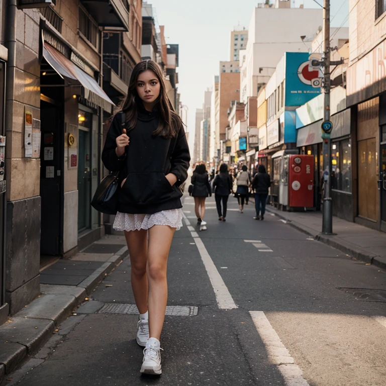 Draw a young girl, which walks along the streets of the metropolis