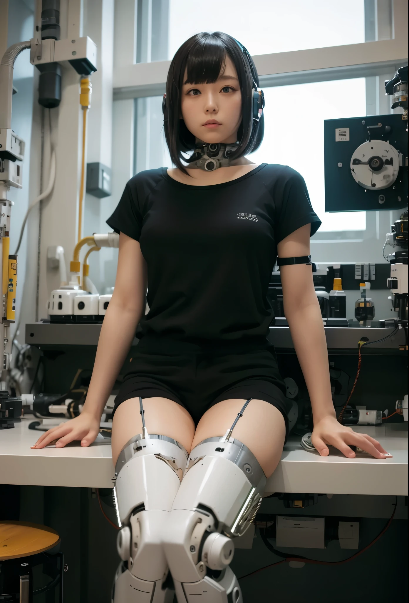 masterpiece, best quality, extremely detailed, Japaese Cyborg girl,Plump , control panels,android,Droid,Mechanical Hand, Robot arms and legs, Black hair,Blunt bangs,perfect robot girl,long tube,thick cable connected her neck,android,robot,humanoid,cyborg,japanese android woman ,future laboratory,connecting a cable between the legs,shortpants,darkblack knee high socks,
