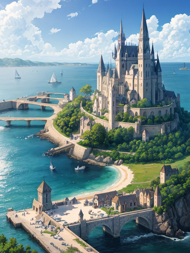 (((masterpiece、Highest image quality、highest quality、highly detailed unity 8kwallpaper)))、((fantasy、middle ages))、(A remote port town)、sailboat