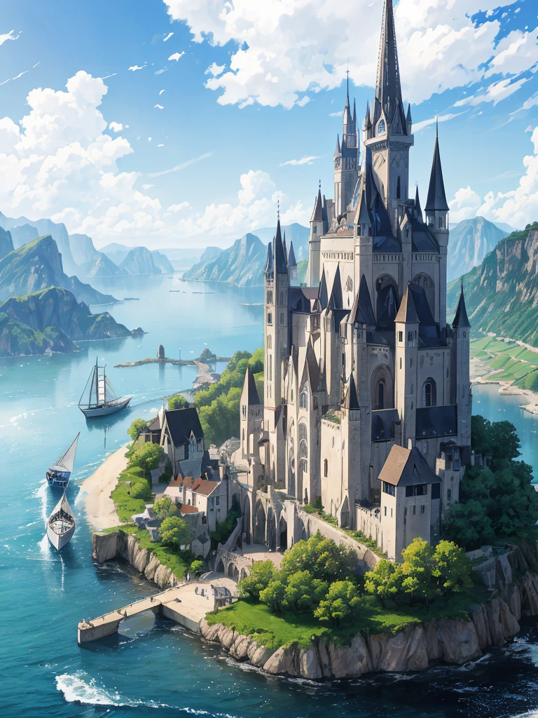 （（（masterpiece、Highest image quality、highest quality、highly detailed unity 8ｋwallpaper）））、（（fantasy、middle ages））、（A remote port town）、sailboat