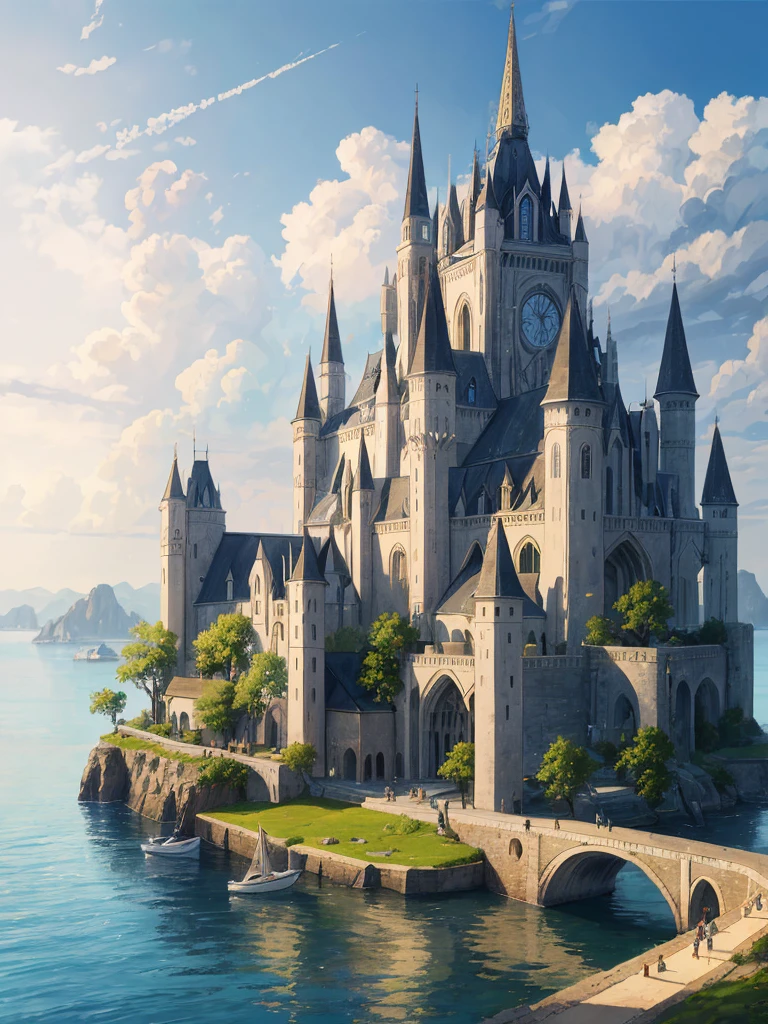 (((masterpiece、Highest image quality、highest quality、highly detailed unity 8kwallpaper)))、((fantasy、middle ages))、(A remote port town)、sailboat