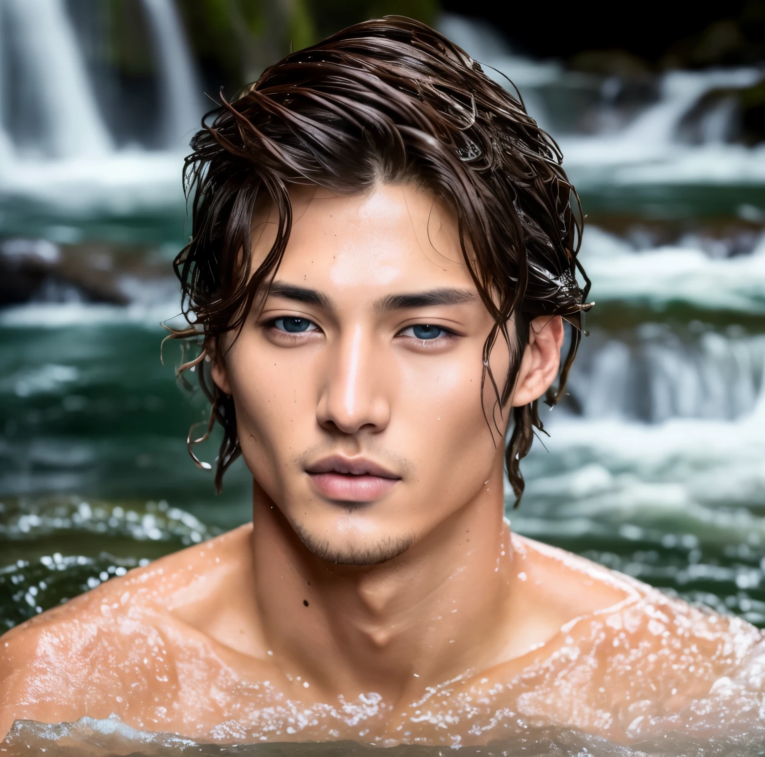 Close-up Mi Joon, brown hair, bathing in a waterfall. Perfect skin. Blue eyes, raw photo, wet hair. Real skin. Sexy look. Natural light. Very detailed face. Photorealistic, hyperdetailed, high quality, 8k