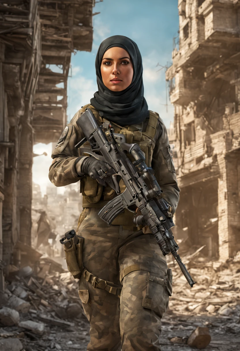 A beautiful female Palestine soldier with hijab uniform carrying submachine weaponry, insanely detailed and intricate background city ruin scene with some other characters and objects, a masterpiece cinematic photo realistic illustration of color comic maestro Don Lawrence, super detailed, high resolution, full vibrant color, volumetric lighting, octane render, octane lighting