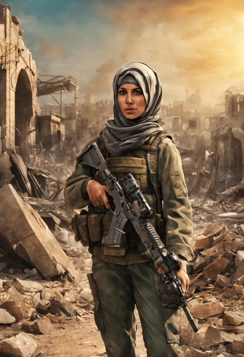 A beautiful female Palestine soldier with hijab uniform carrying submachine weaponry, insanely detailed and intricate background city ruin scene with some other characters and objects, a masterpiece cinematic photo realistic illustration of color comic maestro Don Lawrence, super detailed, high resolution, full vibrant color, volumetric lighting, octane render, octane lighting