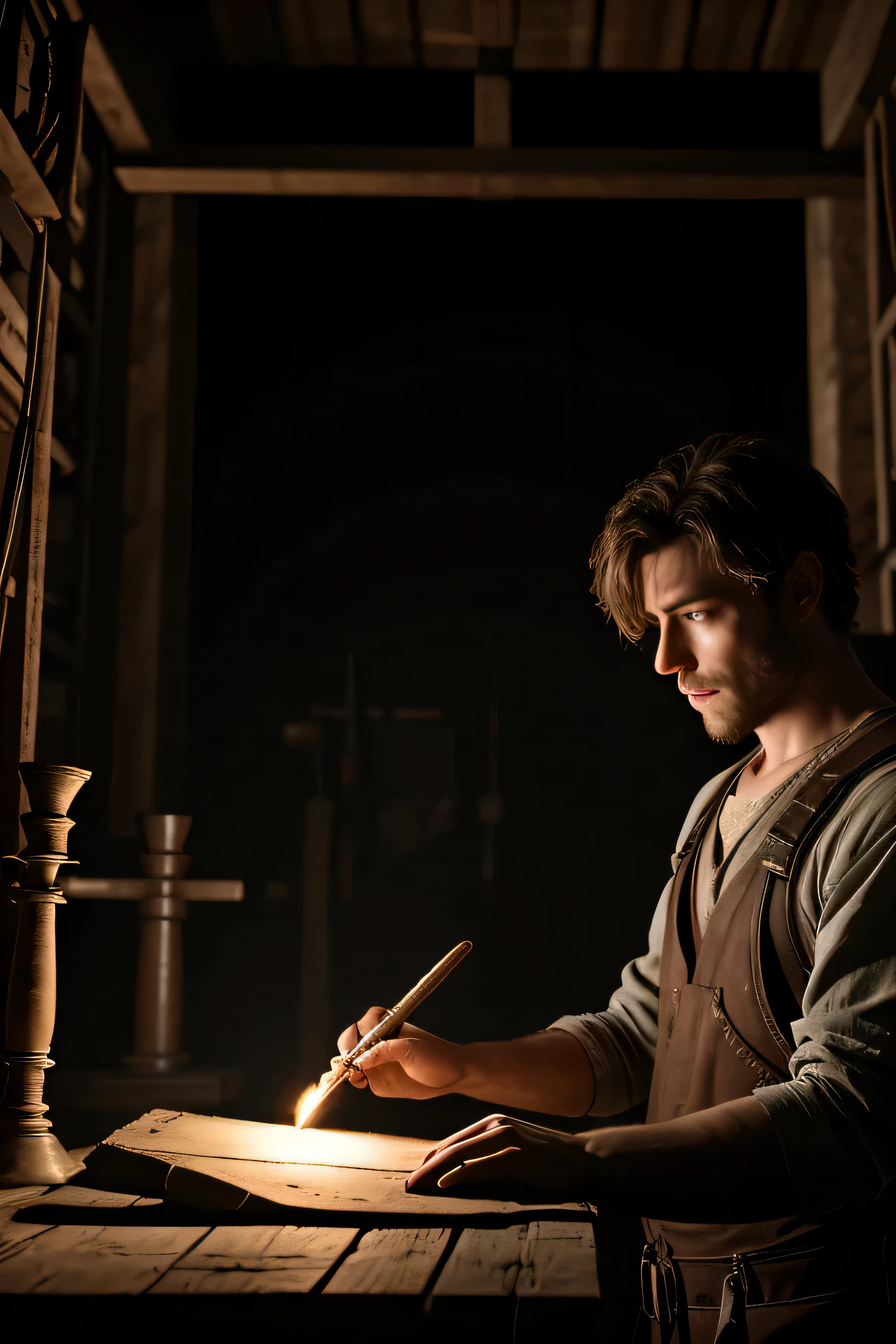 **Lucas Discovers the Prophecy:**
- Image: Lucas in his blacksmith shop, stumbling upon an ancient scroll revealing the prophecy of the Eternal Gem.