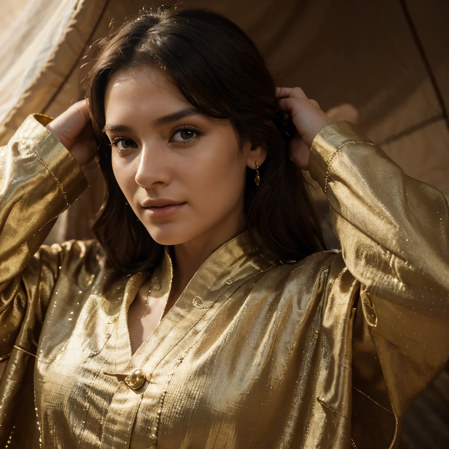 8k, best quality, masterpiece, ultra high resolution, (realism: 1.4), original photo, (Realistic skin texture: 1.3), (film grain: 1.3), (Since 1 girl, Beautiful eyes and details, masterpiece, best quality, close up, Upper body, northern nomads,Gorgeous floral robe,Scythian style gold jewelry,Underfoot is a gorgeous tent,Wool carpets,Detailed interior decoration