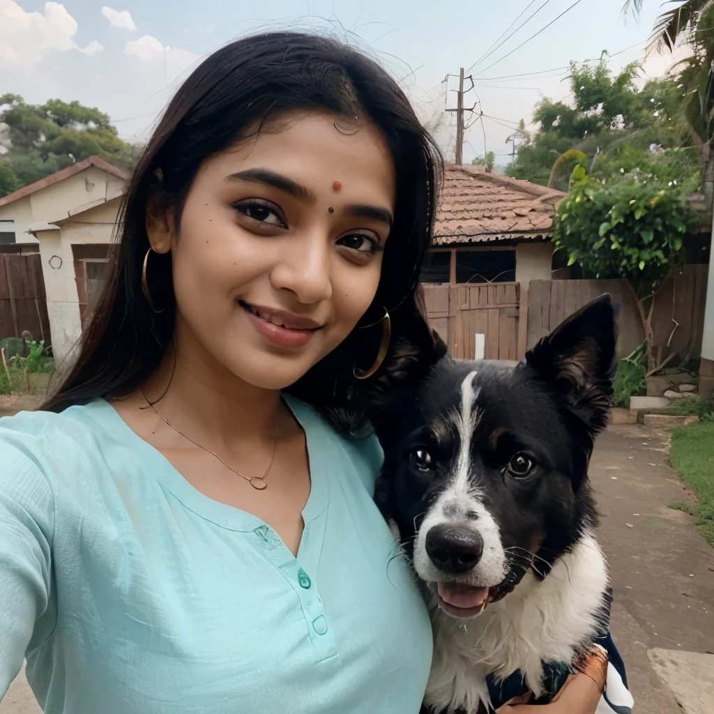 An indian girl looking just like the actress Mrinal takur, smiling, wearing a green top and blue jeans, black hair, taking a selfi in a 13mp redmi smartphone, from outside of her house, infront of her scooter, posing with her dog. The image should be detailed. Have face pores. Have  one or two pimples on cheeks and a black small bindi on her forehead.