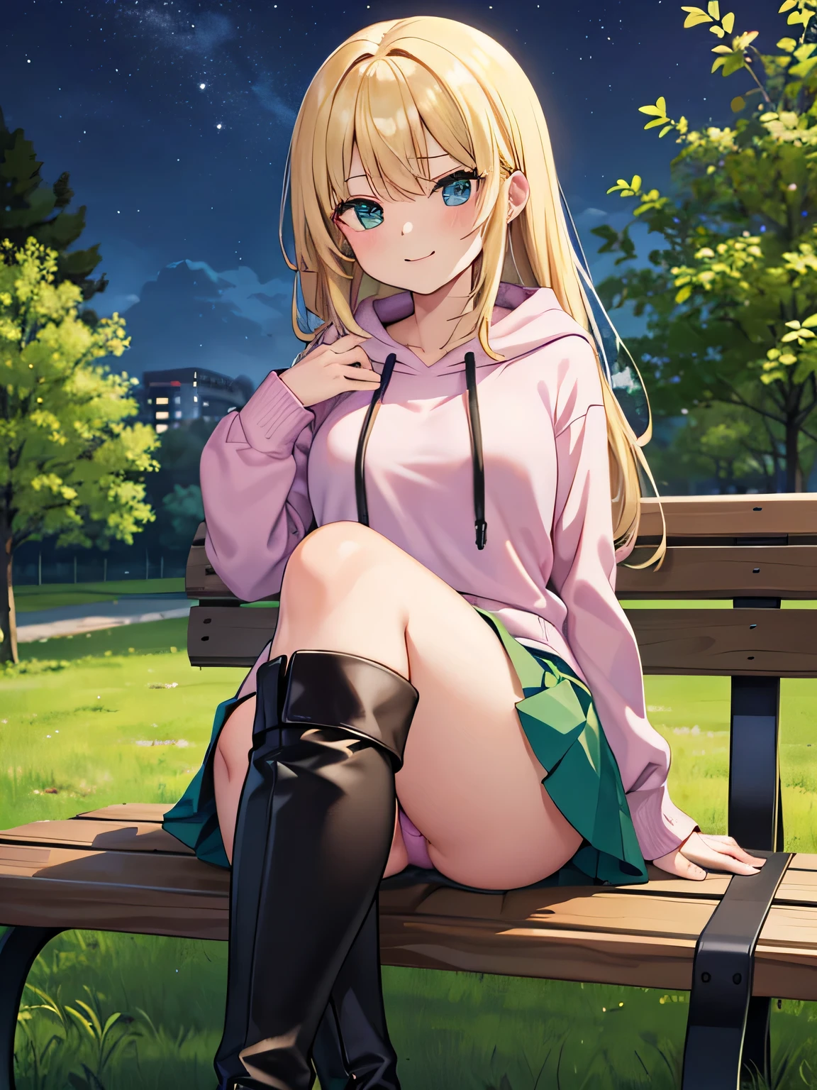 (1) A woman is sitting cross-legged on a bench. The color of the pants you can see is emerald green..
(2) She&#39;s a gal, -faced but with heavy makeup. she has long blonde hair.
(3) The woman is wearing a shocking pink hoodie, Mini skirt and platform long boots.
(4) The woman&#39;s expression is a smile.
(5) The location is a park bench at night surrounded by a forest..