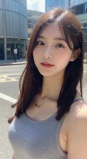 finely, High resolution, high quality、完璧なダイナミックな構figure, beautiful and fine eyes, medium hair, 、natural color lip,Kamimei、Shibuya Ward、20 year old girl、1 person、transparent skin、shining hair、Ocean, 最high quality, figure, super detailed, finely, High resolution, 8K、correct state of the human body、squat、hair flying in the wind、small breasts、camisole、Angle from above、upward glance、side、Embarrassed face