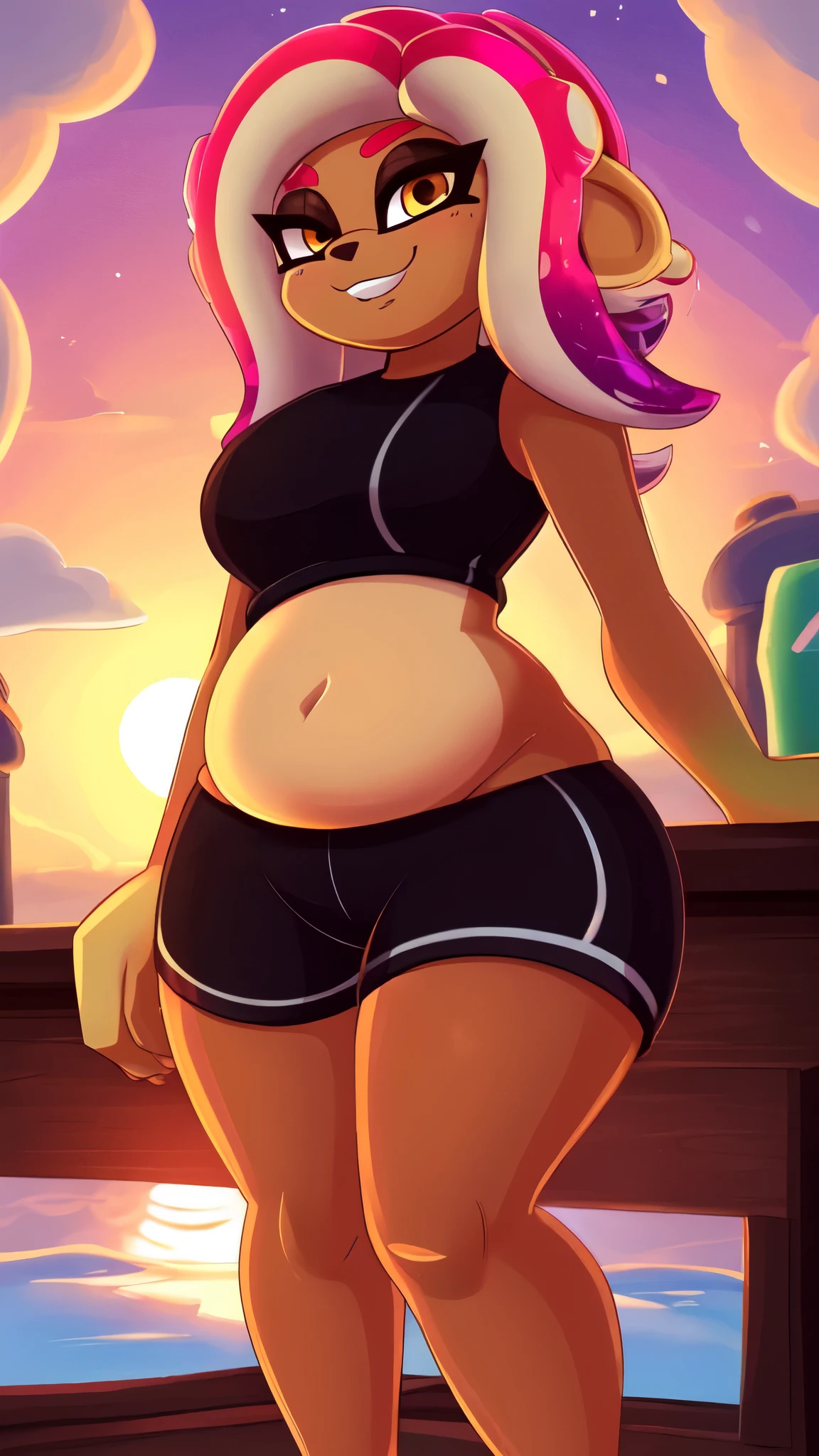 uploaded on e621, beautiful and detailed portrait of a (((feminine))) woman anthro splatoon octoling, ((by Kilinah, (by Coffeesoda:1.1), by Hioshiru, by Kilinah)), cinematic evening lighting, (((confident, seductive))), bl, lustful face, thighighs, large medium breast, full body, sunset, beautiful, four long yellow end curls, sexy pose, seductive face, yellow golden hair, brown eyes, big fat curvy plump butt, oily shiny reflective skin, solo, crimson dark red sportwear, lustful face, solo, 1girl, thicc body, plush belly, half-closed eyes, one eye wink, vagina outline in undersized sports shorts, wet spot around her pussy, crimson red sports shorts clinging to her pussy,