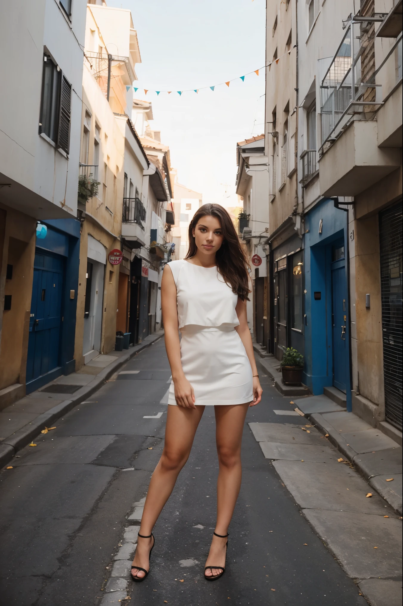 Standing in a street back alley and wearing an elegant outfit with perfect light perfect face perfect body legs crossed 