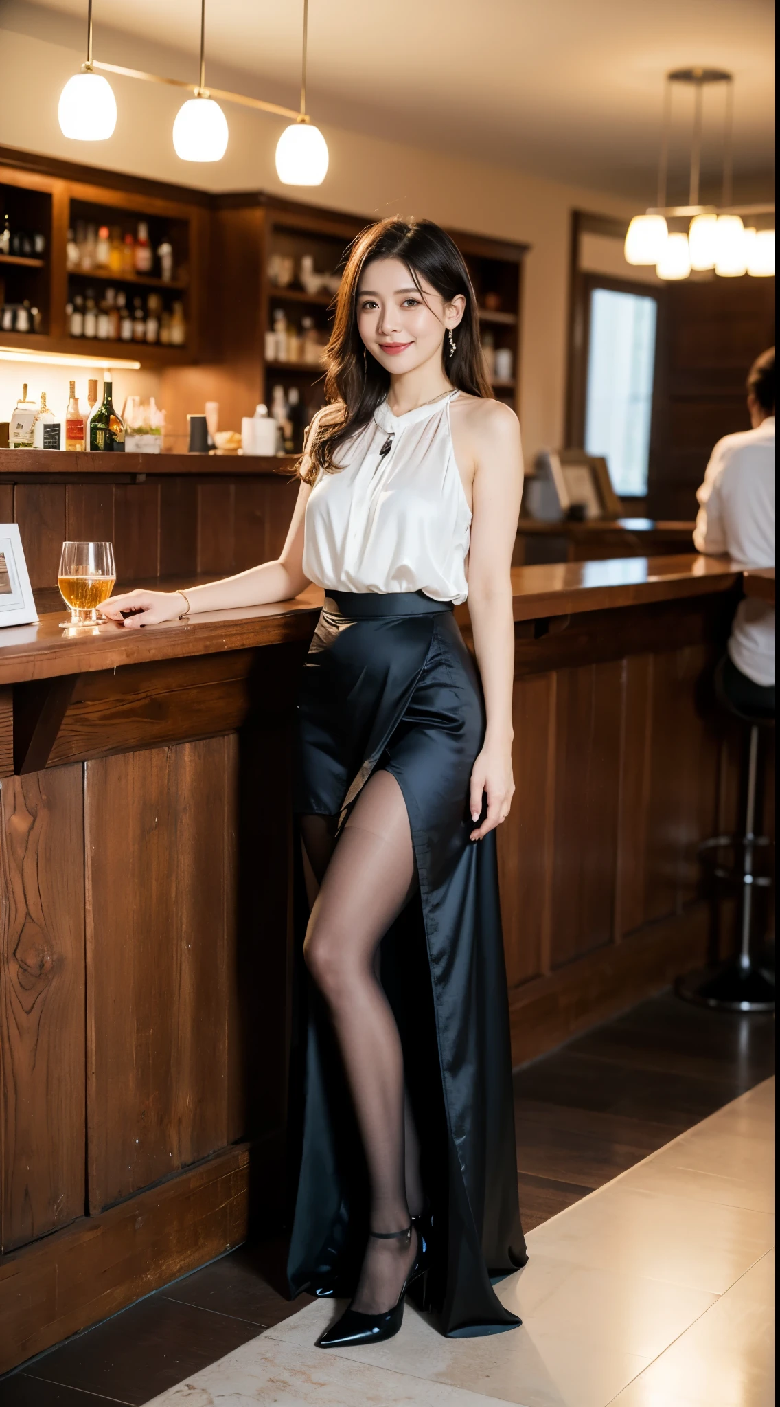 Ulchan-6500-v1.1, (RAW photo:1.2), (Photoreal), (genuine:1.4), upper class bewitching woman、１mature woman、(luxury sleeveless silk blouse:1.2), (super realistic pantyhose:1.2), (Long skirt in satin fabric:1.2)、small luxury lace panties、Pantyhose Focus、Sit at the bar counter、cross your legs、an inviting look、game_ticker, huge file size, High resolution, very detailed, highest quality, [masterpiece:1.6], enlightenment, very detailed,  finely, highest quality, 8k wallpaper, movie lighting, 1 mature woman, 42 years old, perfect body shape, Sareme, beautiful big eyes、Pieck finger, ((muste piece)), highest quality, 1 girl, eye shadow, portrait, ((full body shot:1.4))、(very affectionate smile:1.2)、realistic skin texture、shiny skin、exposed thighs!!!