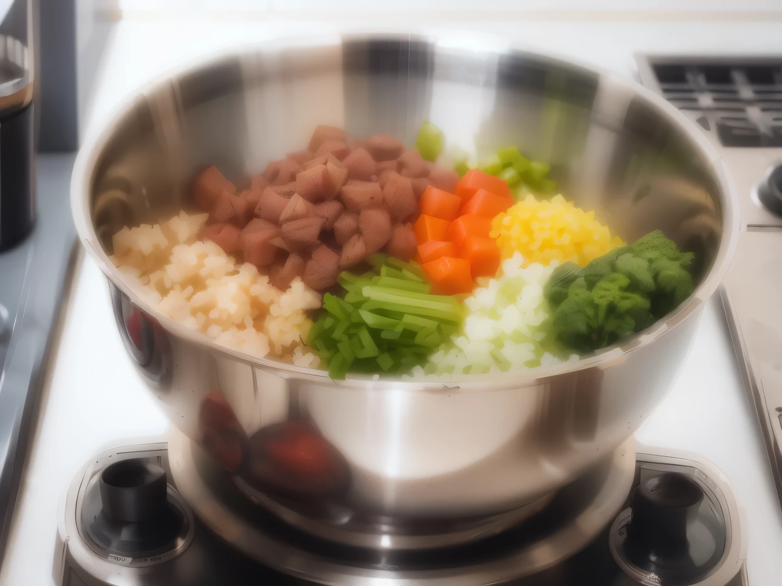 Natural dog food, in a stainless steel bowl, Full of vegetables, greens, Fruits and meat