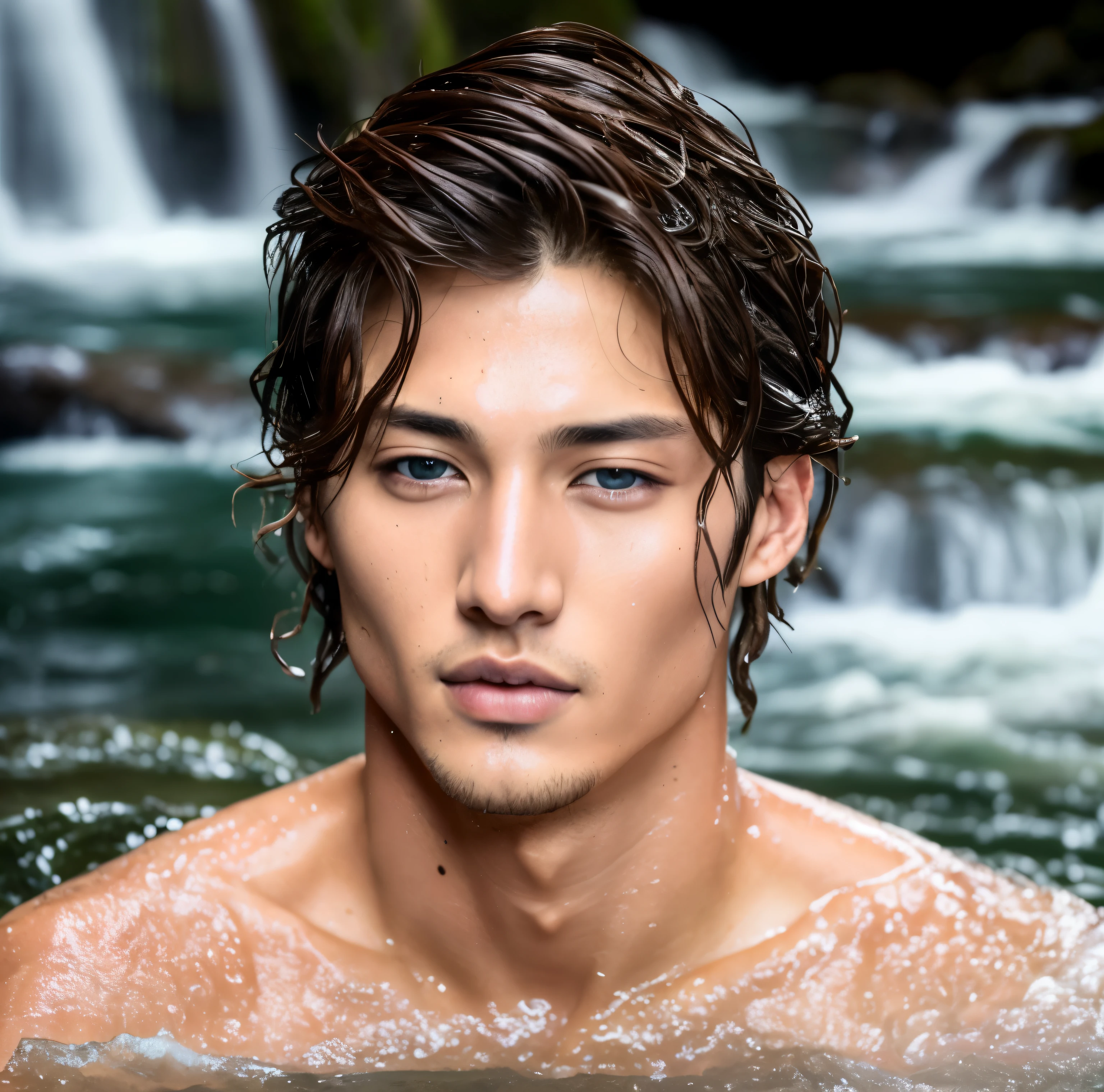Close-up Mi Joon, brown hair, bathing in a waterfall. Perfect skin. Blue eyes, raw photo, wet hair. Real skin. Sexy look. Natural light. Very detailed face. Photorealistic, hyperdetailed, high quality, 8k