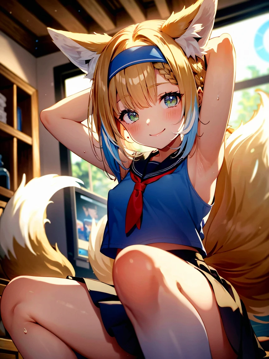 (best quality,highres,masterpiece:1.2),ultra-detailed, 1 girl, harmonious finger proportions, shiny skin, evil smile, ***********, arms up, armpits, sweat, steam,arms behind head,squatting,serafuku,thick thigh,covered nipples, pleated skirt, fox_ears, animal_ears, blonde_hair, bangs, fox_girl, green_eyes, hairband, animal_ear_fluff, fox_tail, tail, blue_hairband, multicolored_hair, multiple_tails, white_hair, braid, hair_rings, smile, infection_monitor_\(arknights\), kitsune, upper_body, blush, hair_between_eyes, (midjourney:1.2)