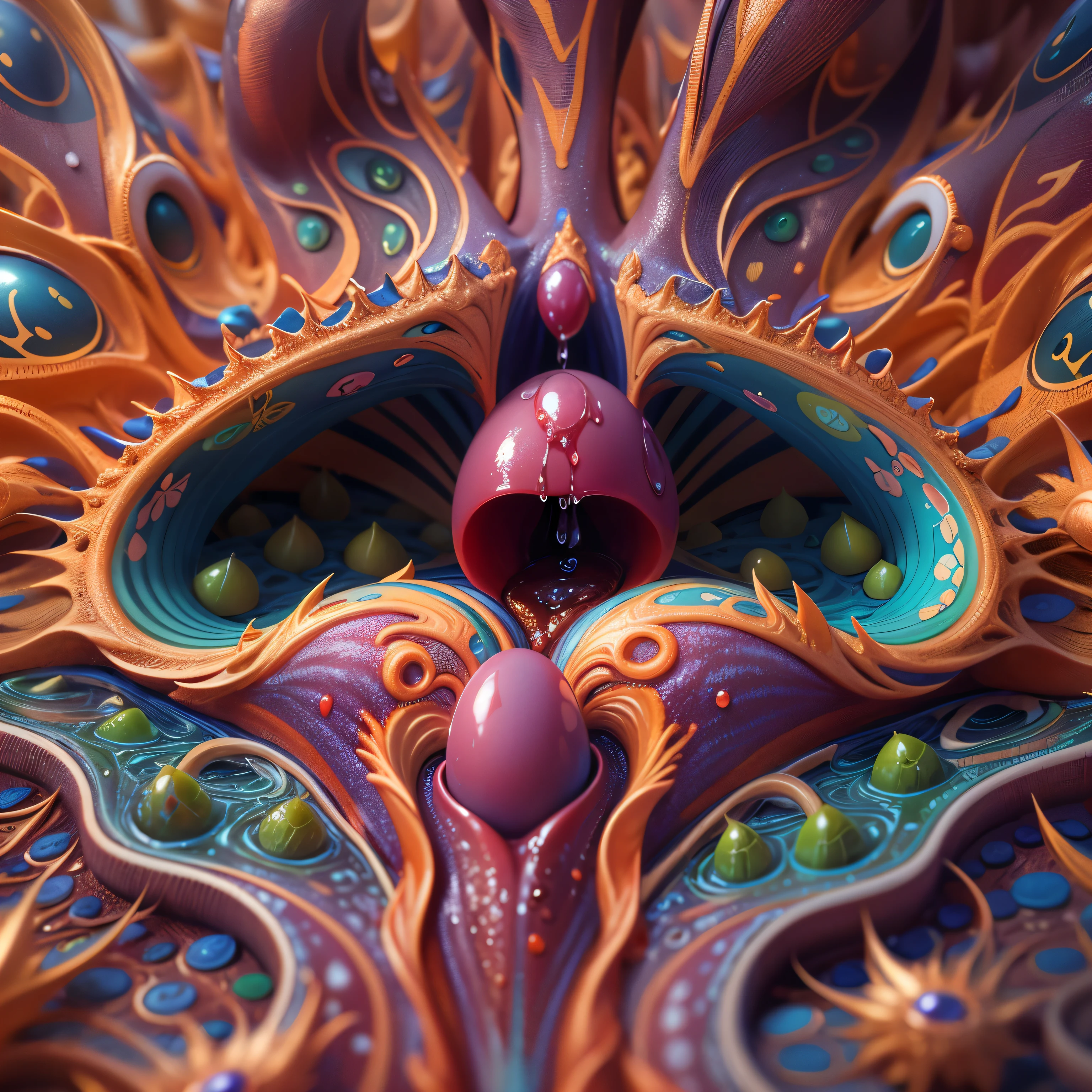 (melhor qualidade,8k,high resolution,ultra-detalhado,obra de arte:1.2),3D rendering,vulva realista com detalhes intrincados,(cores vivas:1.1),emphasis on the clitoris with dripping droplets.