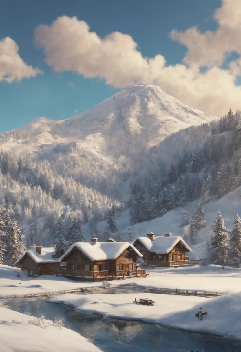{
  "Type of Image": "Digital Illustration",
  "Subject Description": "A snowy mountain resort during the winter season, with cozy log cabins surrounded by snow-covered pine trees. Guests are seen enjoying the outdoor hot springs with steam rising into the crisp air, and ski slopes are busy with skiers and snowboarders.",
  "Art Styles": "Semi-realistic with a touch of whimsy",
  "Art Inspirations": "Behance, Studio Ghibli",
  "Camera": "medium telephoto lens",
  "Shot": "medium shot",
  "Render Related Information": "8K resolution, detailed textures of snow and wood, ambient light with a focus on warm interiors"
}